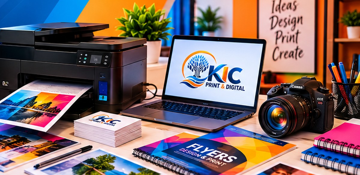 Illustration of a printer, computer, and colourful print products in a modern workspace